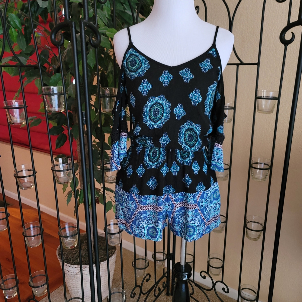 Mossimo Supply Co. Black and Blue Patterned Jumpsuit